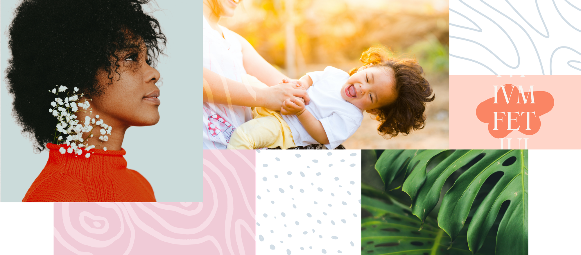 woman wearing a flower, mother and kid playing, treatments, leafs