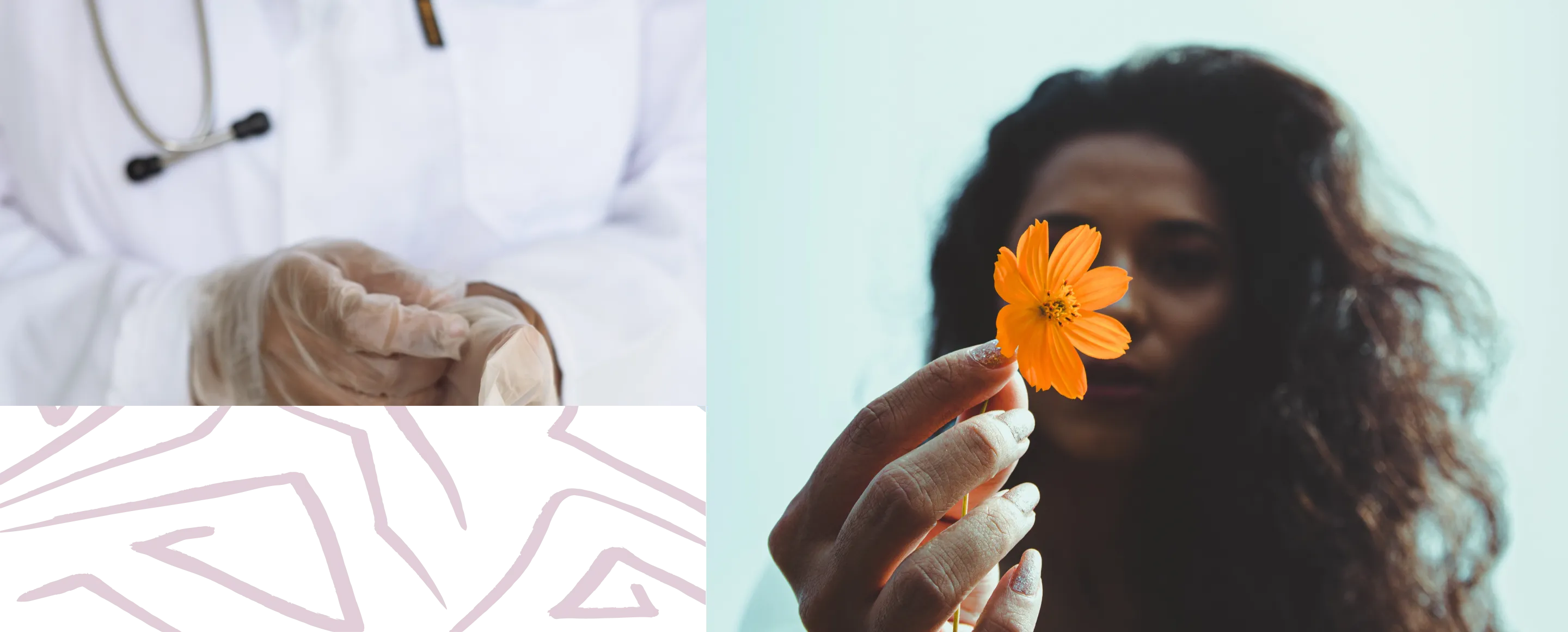 doctor putting gloves on, woman holding a flower